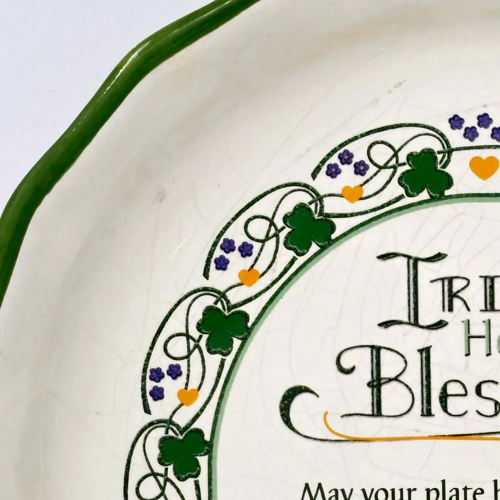 Vtg Ceramic Irish Hearth Blessing Pie Plate Fluted Green Shamrock Baking Dish